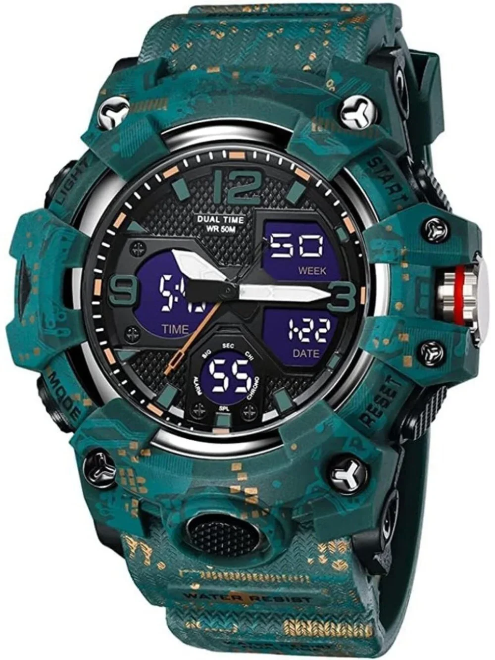 Mens Camo Blue Analog Quartz S-Shock Waterproof Outdoor Sports LED Digital Watch